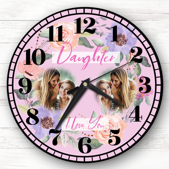 Daughter I Love You Photo Flowers Pink Personalised Gift Personalised Clock