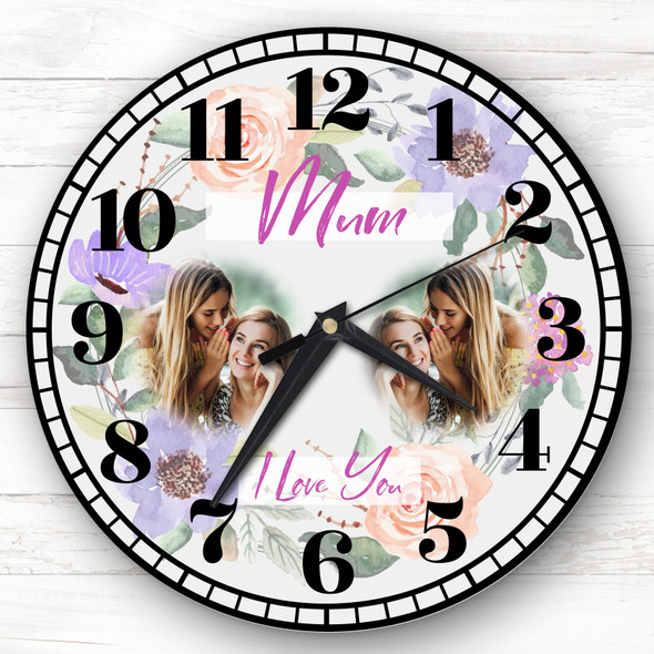 Mum I Love You Photo Flowers Pale Grey Personalised Gift Personalised Clock