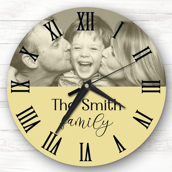 Yellow Semicircle Photo Family Name Personalised Gift Personalised Clock