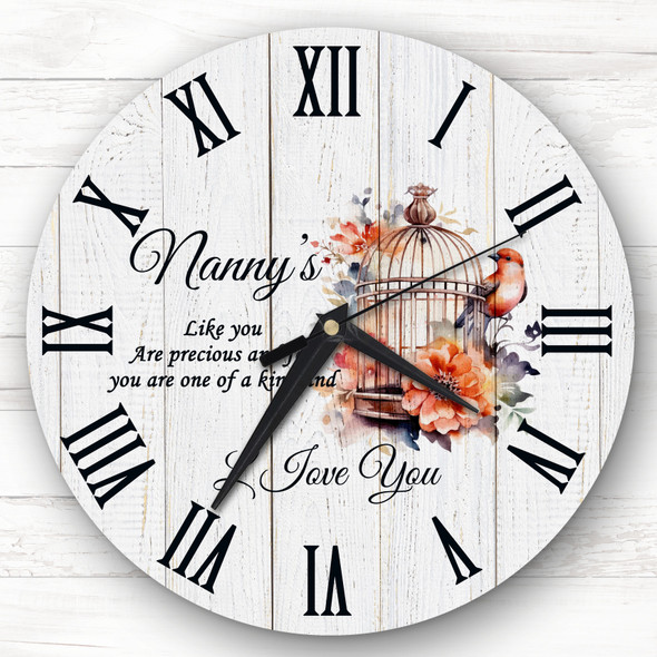 Wood Effect Nanny Floral Bird Cage Personalised Gift Personalised Clock