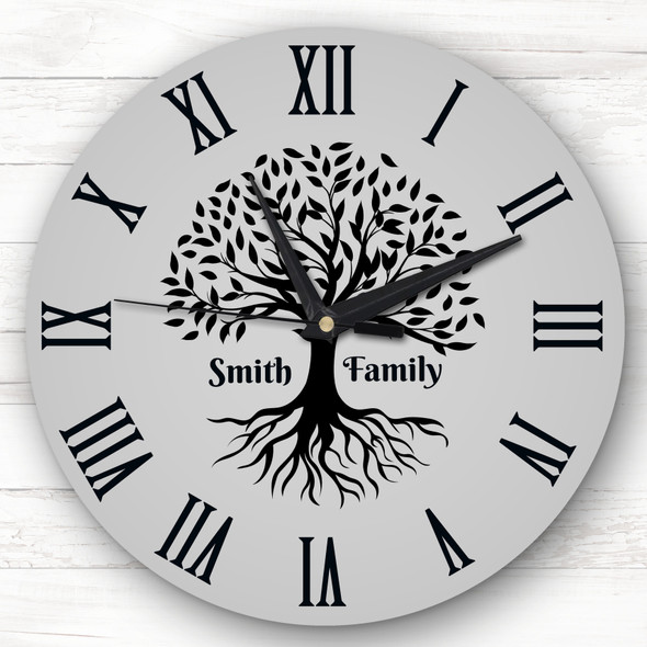 Family Tree Black Silhouette Grey Personalised Gift Personalised Clock