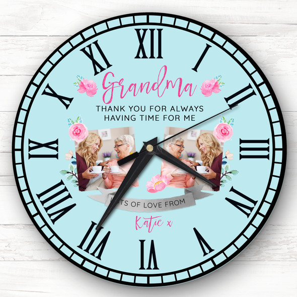 Grandma Photo Flowers Bright Blue Personalised Gift Personalised Clock