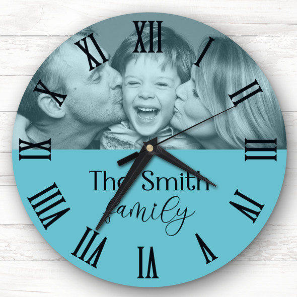 Teal Semicircle Photo Family Name Personalised Gift Personalised Clock