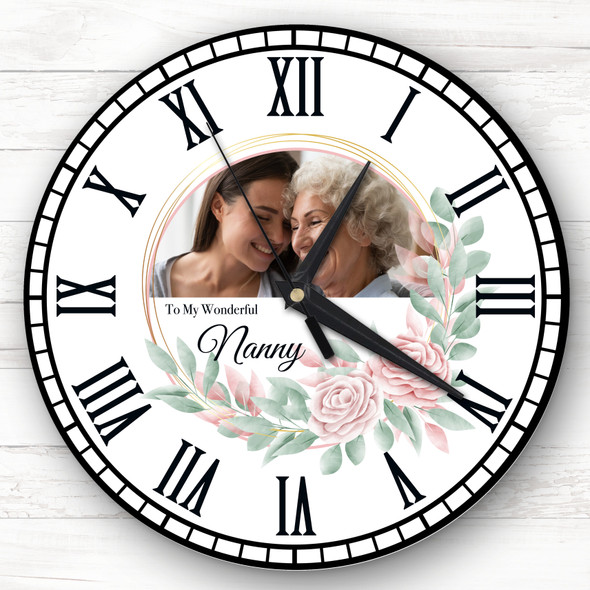 Wonderful Nanny Round Pink Floral Personalised Gift Personalised Clock