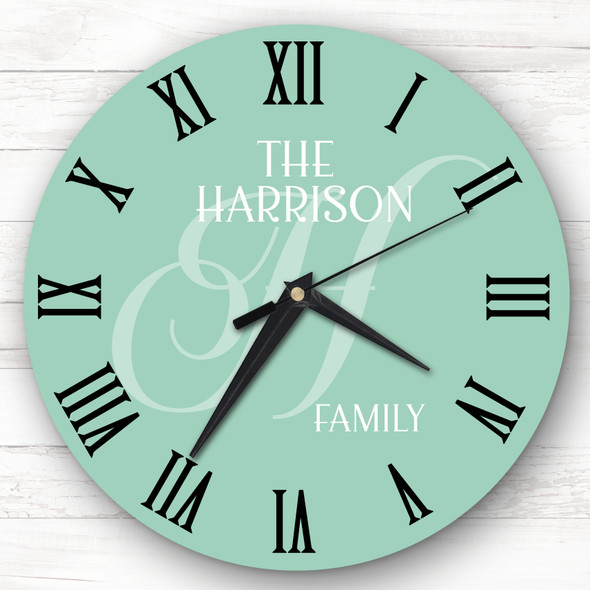 Mint Green Family Name Initial Personalised Gift Personalised Clock