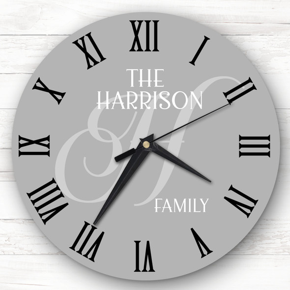Family Name Big Initial Grey Personalised Gift Personalised Clock