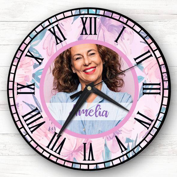 Flower Pink Lilac Photo Name Personalised Gift Personalised Clock