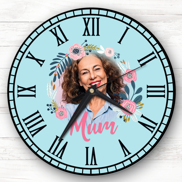 Mum Flower Wreath Photo Blue Personalised Gift Personalised Clock