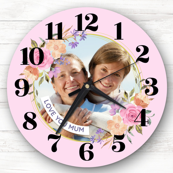 Mum Pink Flower Wreath Photo Personalised Gift Personalised Clock