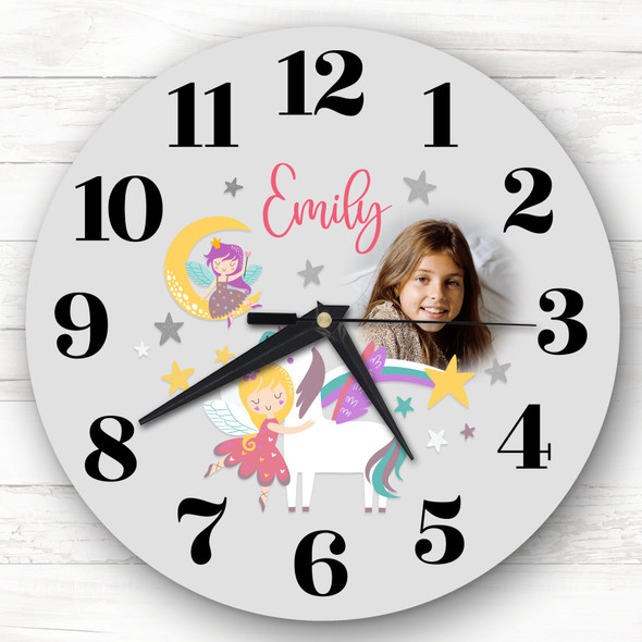 Fairy Unicorn Girl Grey Personalised Gift Personalised Clock