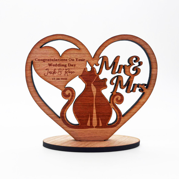 Engraved Wood Wedding Day Cats Congratulations Heart Keepsake Personalised Gift