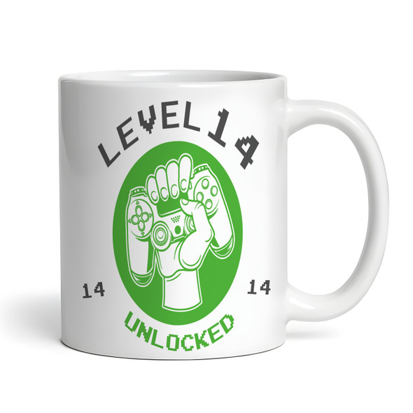14th Birthday Photo Gift For Teenage Boy Green Gaming Level Up Personalised Mug