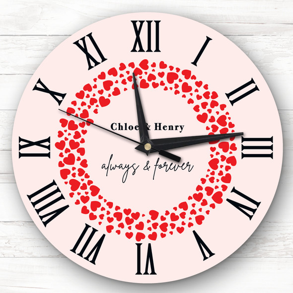 Red Hearts Wreath Anniversary Birthday Valentine's Gift Personalised Clock