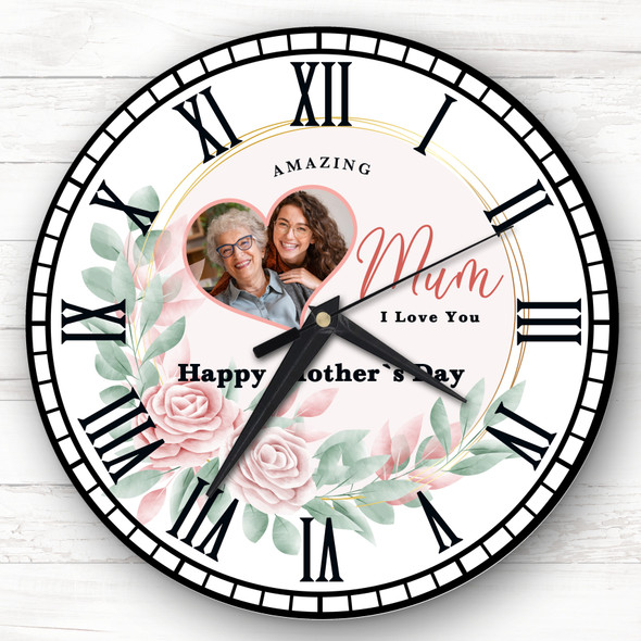 Amazing Mum Pink Floral Heart Photo Mother's Day Gift Personalised Clock
