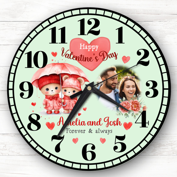 Valentine's Day Gift Couple Bear Photo Green Personalised Clock