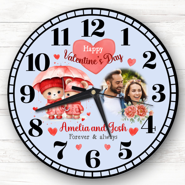 Valentine's Day Gift Couple Bear Photo Blue Personalised Clock