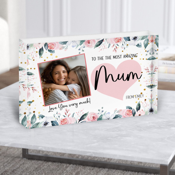 Amazing Mum Gift Photo Frame Pink Roses Personalised Acrylic Block
