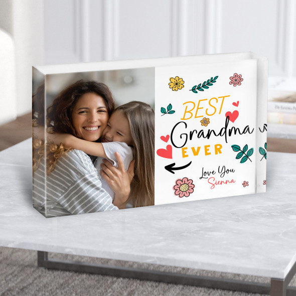 Photo Best Grandma Gift Doodle Flowers Personalised Acrylic Block