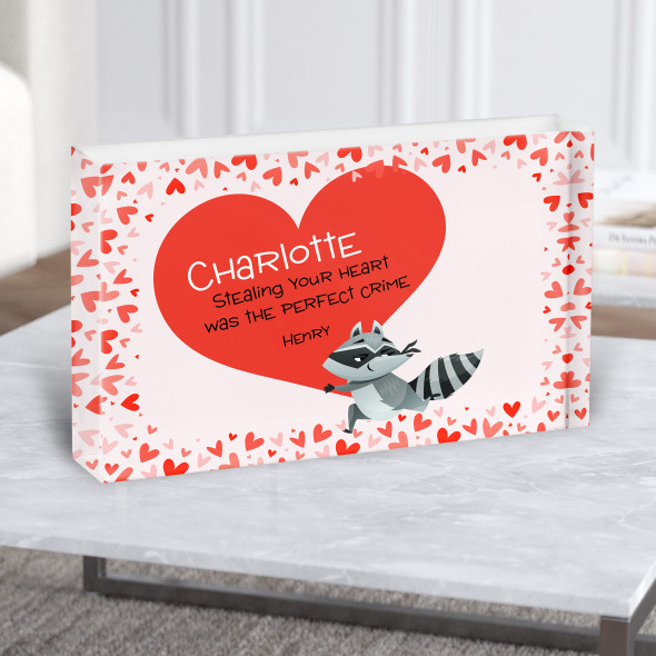 Red Heart Raccoon Cute Romantic Gift Personalised Acrylic Block