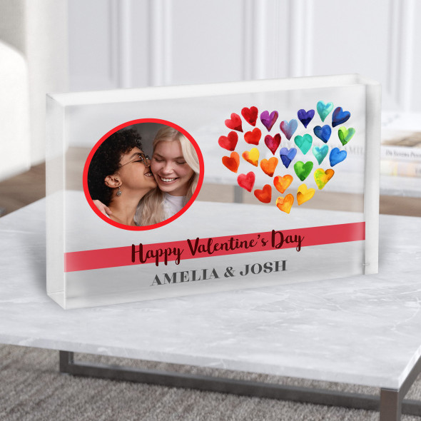 Rainbow Heart Photo Gay Lgbtq+ Valentine's Gift Personalised Clear Acrylic Block