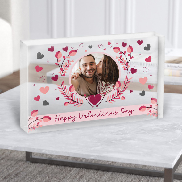 Happy Valentine's Day Gift Photo Pink Flowers Personalised Clear Acrylic Block