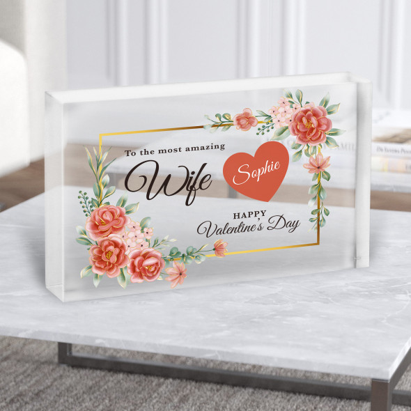 Valentine's Gift For Wife Red And Gold Floral Personalised Clear Acrylic Block