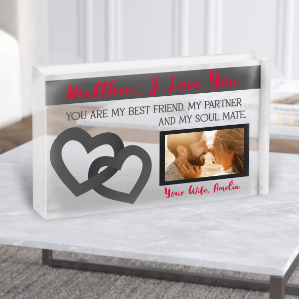 Romantic Couple Gift White Heart Photo Personalised Clear Acrylic Block