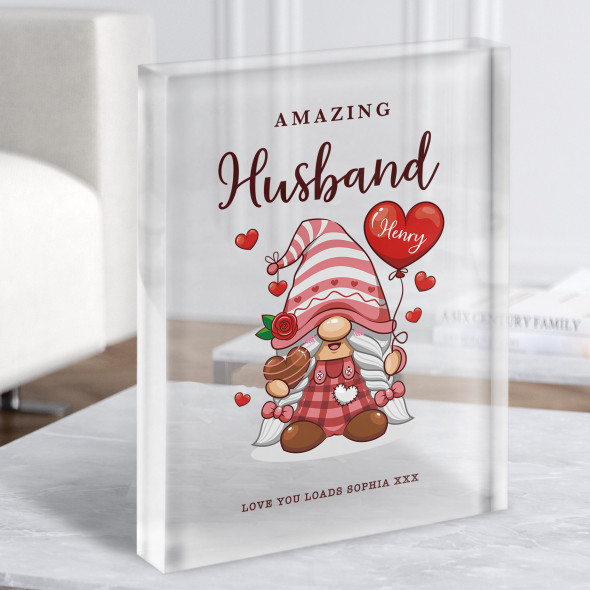 Romantic Gift For Husband Gnome With Love Heart Personalised Clear Acrylic Block