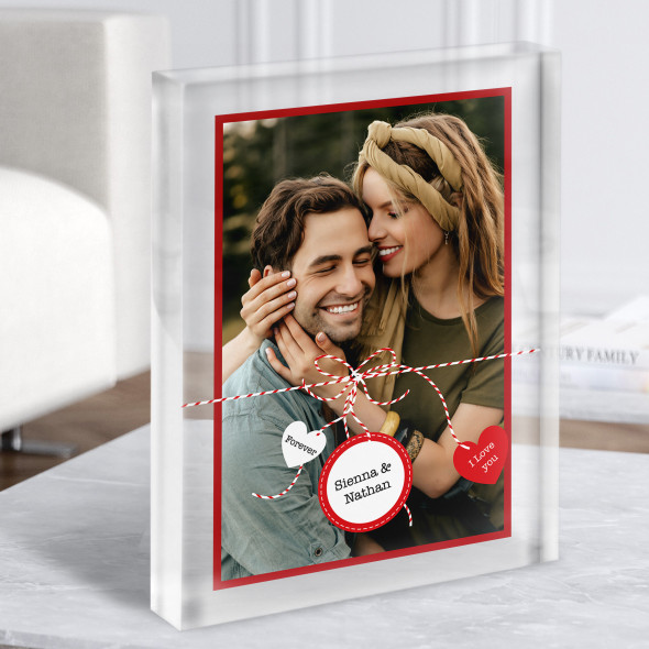 Romantic Couple Photo Gift Red Love Tags Personalised Clear Acrylic Block