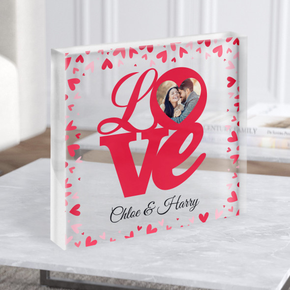 Love Word Romantic Photo Gift Hearts Personalised Clear Square Acrylic Block