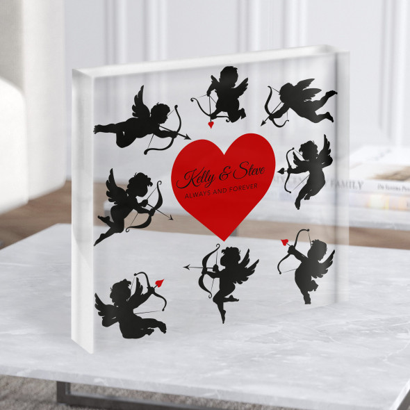 Red Heart Cupid Silhouettes Romantic Gift Custom Clear Square Acrylic Block
