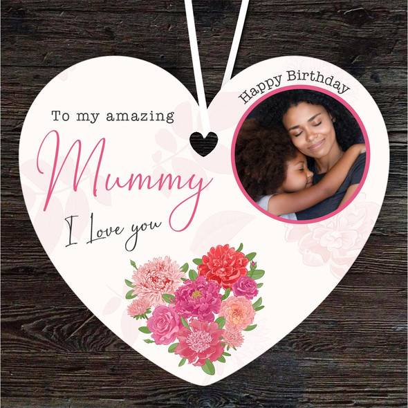 Mummy Floral Pink Photo Frame Birthday Gift Heart Personalised Hanging Ornament