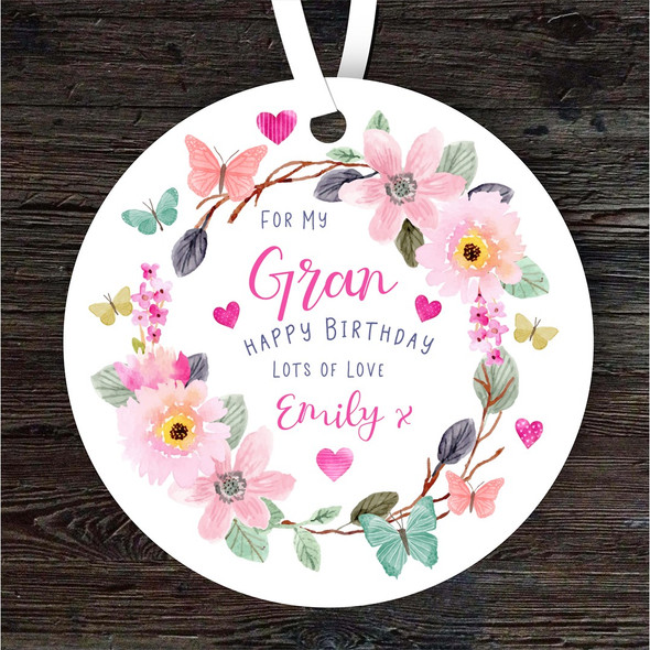 Gran Happy Birthday Gift Flower Butterfly Round Personalised Hanging Ornament