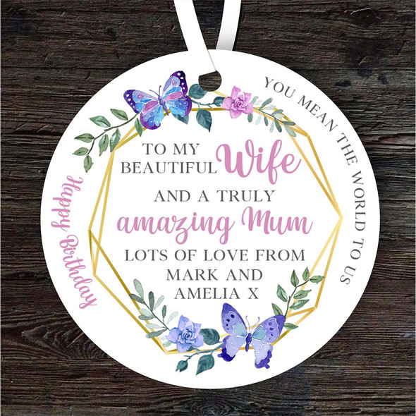 Wife And Mum Birthday Gift Blue Butterfly Round Personalised Hanging Ornament