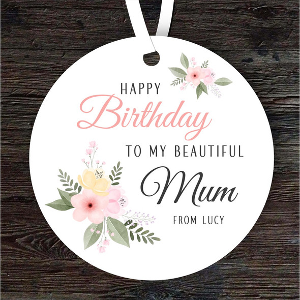 Beautiful Mum Pink Flowers Birthday Gift Round Personalised Hanging Ornament