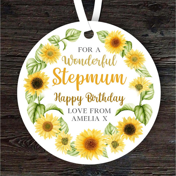 Stepmum Sunflowers Birthday Gift Yellow Round Personalised Hanging Ornament