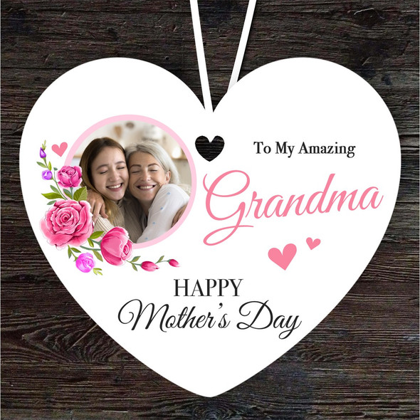 Amazing Grandma Pink Flowers Photo Mother's Day Gift Heart Personalised Ornament