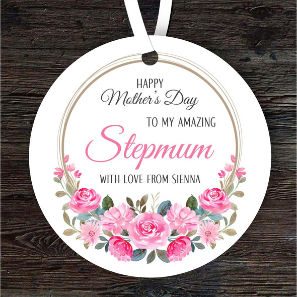 Stepmum Pink Floral Wreath Mother's Day Gift Round Personalised Hanging Ornament