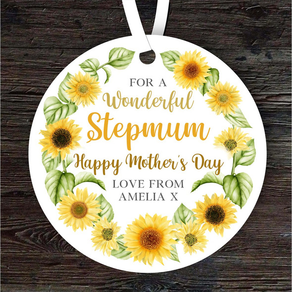 Stepmum Sunflowers Mother's Day Gift Yellow Round Personalised Hanging Ornament