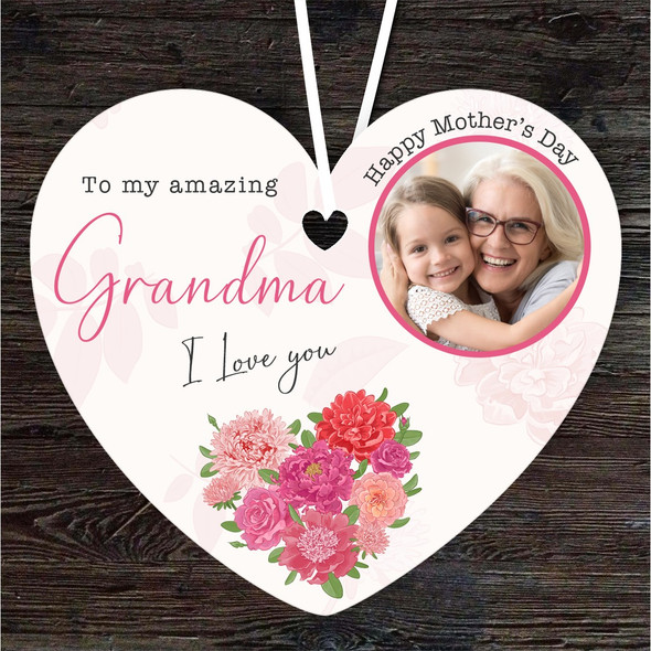 Grandma Floral Pink Photo Frame Mother's Day Gift Heart Personalised Ornament