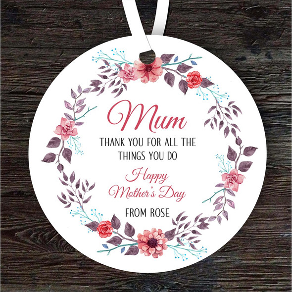 Mum Thank You Red Floral Wreath Mother's Day Gift Round Personalised Ornament