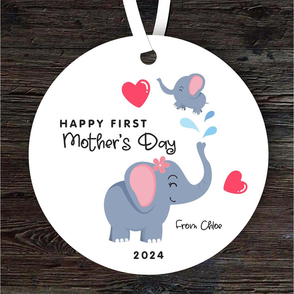 First Mother's Day Gift Elephant Mum With Baby Round Personalised Ornament
