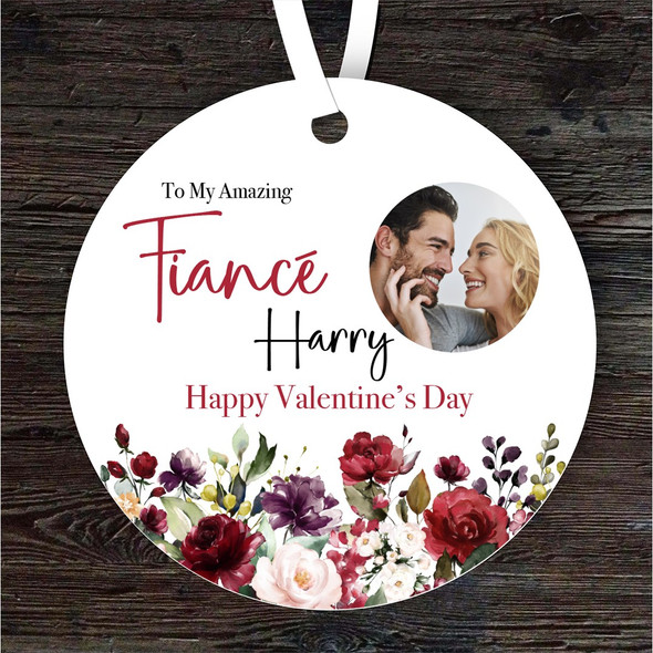 Fiancé Red Floral Photo Frame Valentine's Day Gift Round Personalised Ornament
