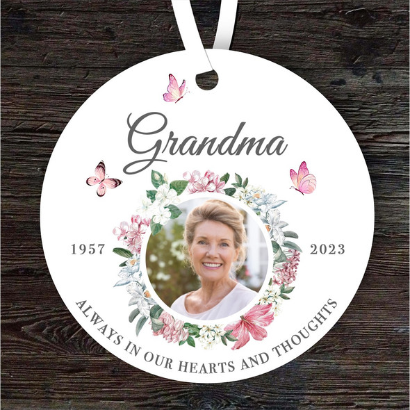 Grandma Memorial Pink Floral Butterflies Photo Keepsake Gift Custom Ornament