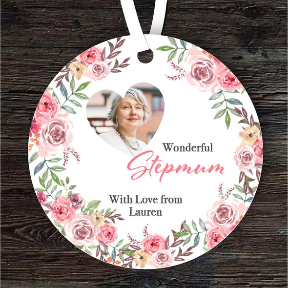 Wonderful Stepmum Gift Watercolour Pink Floral Round Personalised Ornament