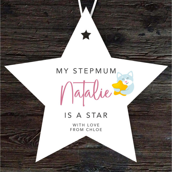Gift For Stepmum Cat Hugs Star Personalised Hanging Ornament