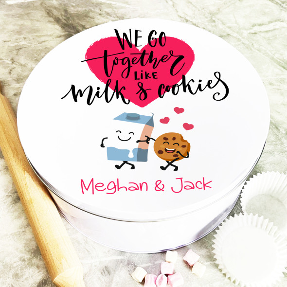 Round Funny Milk And Cookie Couple Romantic Gift Personalised Biscuit Tin