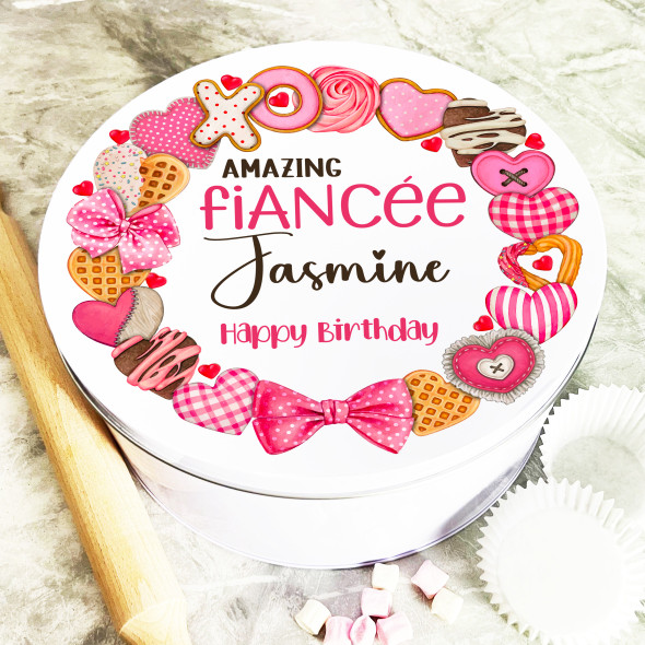 Round Gift For Fiancée Pink Cookies Wreath Birthday Personalised Cake Treat Tin