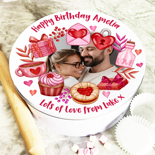 Round Be My Valentine Photo Frame Pink Birthday Gift Personalised Cake Treat Tin