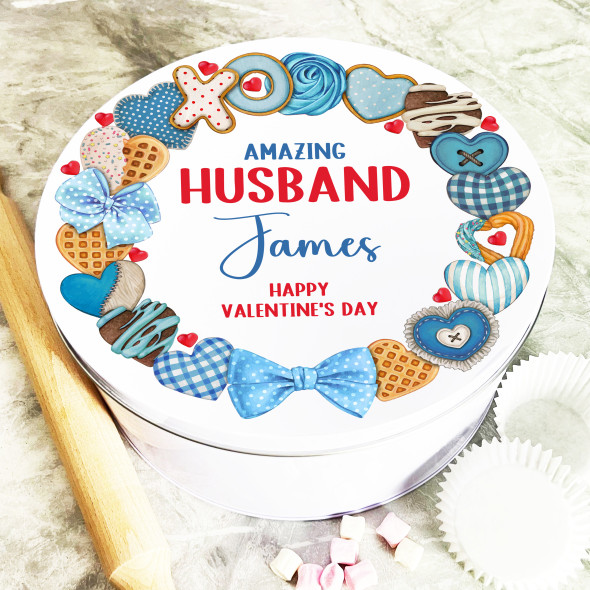 Round Gift For Husband Blue Cookies Valentine's Day Personalised Cake Treat Tin